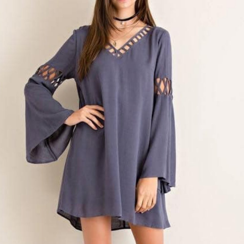 Detail Sleeve Entro Dress Blue-Grey